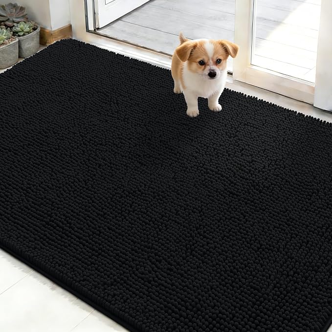 OLANLY Dog Door Mat for Muddy Paws 48x30, Super Absorbent Chenille Mud Mat | Black, Absorbs Moisture and Dirt, Non-Slip Machine Washable Doormat, Quick-Drying Indoor Entryway Floor Carpet for Dogs