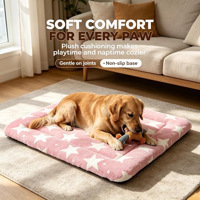 Dog Bed Mat,Reversible & Ultra Soft Kennel Pad-Machine Washable Pet Bed for Dogs & Cats-All-Weather Crate Liner for Crates,Carriers & Travel (Big Star&Pink, 35.0" L x 23.0" W x 1.5" Th)