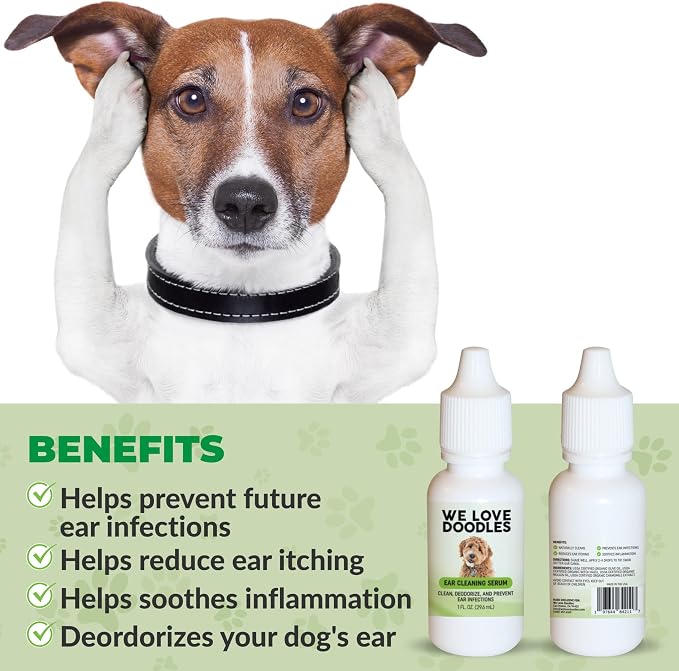 Ear Serum for Dogs, Dog Ear Cleaning Solution, Natural, Made in USA, 1oz | Advanced Dog Ear Cleaning, Reduces Itching, Odor & Wax, Ear Drops for Dogs, Golden Doodle & Poodle Ear Flush, Puppy Essential