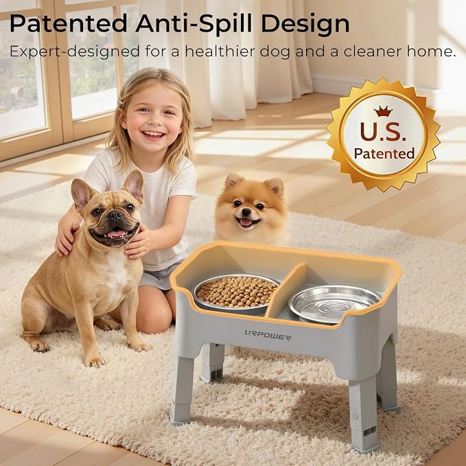 URPOWER Mess Proof Elevated Dog Bowls 4 Height Adjustable Raised Bowl Stand with 2 Stainless Steel Dog Bowls Non-Slip Food and Water Bowl Set for Small Dogs, Light Grey