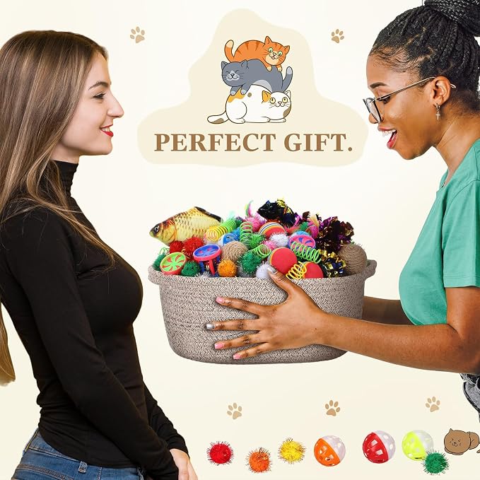Zopeal 58 Pcs Summer Cat Storage Basket Gift Toys Set, Colorful Flashing Balls Pet Bell Crinkle Balls Spring Toys Attract Cat to Swat, Hunt, Interactive for Pet(Dark Brown,12 Inch)