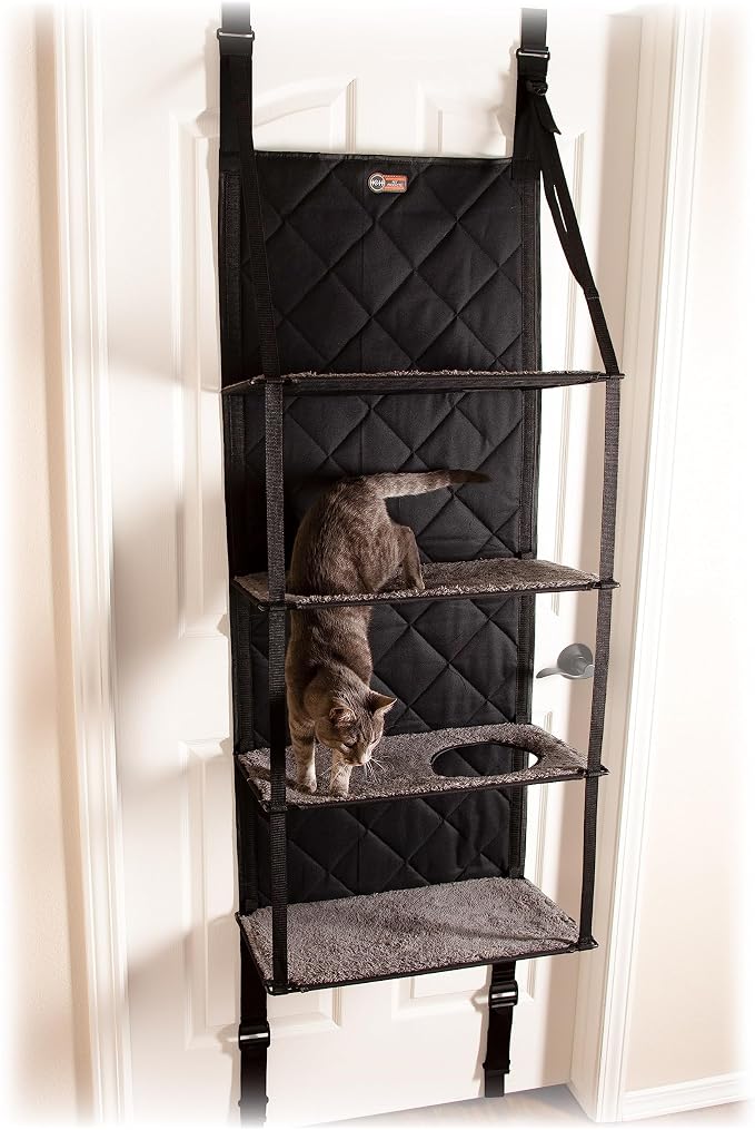 K&H Door Cat Tree, Over the Door Cat Furniture - Gray, Fits Doors <80in H | Space Saving Multi-Level Wall Perch Hammock Bed, Interconnecting Levels, Collapsible, Tool-Free Assembly