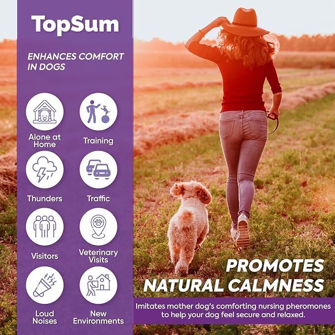 TopSum Calming Diffuser for Dog: Dog Pheromones Calming Diffuser Plug for Stress, Barking, Chewing, Pee Accidents & Separation Behaviors (Purple– 1 Diffuser+3 Refills)