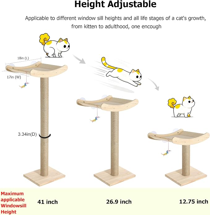 Cat Window Perch with Scratching Posts, 46-Inch Wooden Tree for Large Cats | For Big Cats & Maine Coons; Heavy-Duty Suction Cups Mounting; Spacious Wood Bed ; Drill-Free; Holds Up to 40 lbs