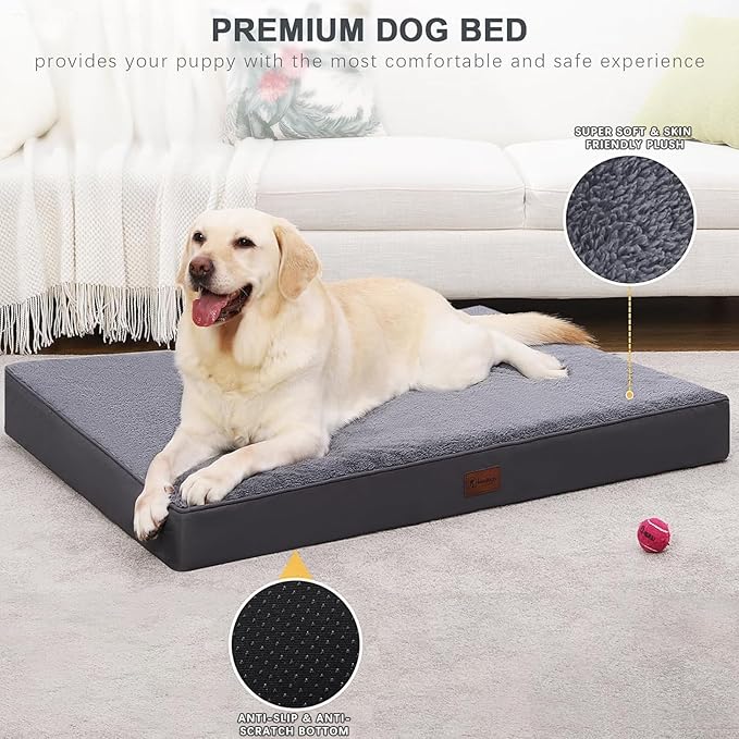 Waterproof Large Size Dog Crate Bed Orthopedic 36x27 Grey | Removable Washable Cover, Egg Crate Foam, Soft Plush Flat Pet Mat, Non-Slip Bottom, Fits Large Dogs Up to 65 lbs