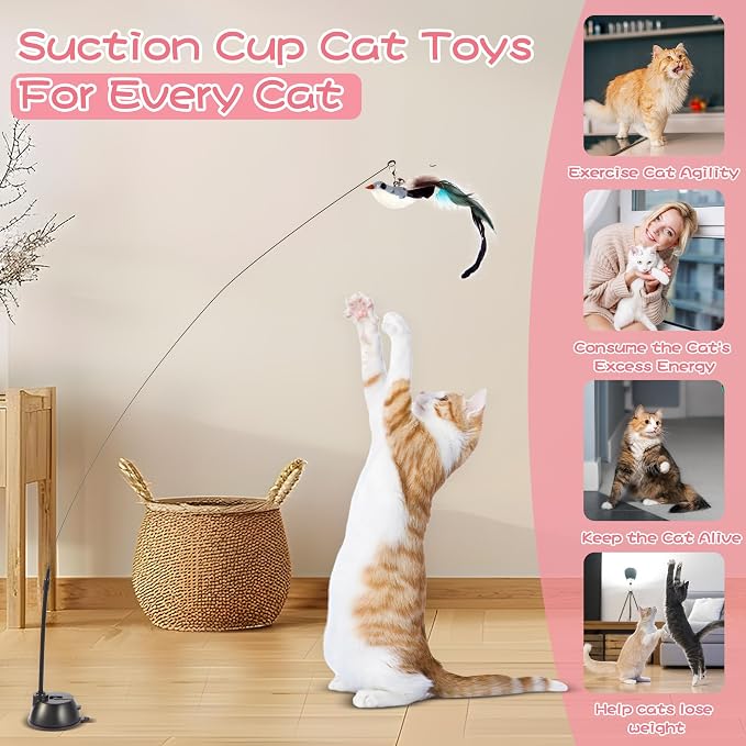 Interactive Bird Simulation Cat Toy Set, Cat Wand Toys, Self-Holding Suction Cups Base, Includes 6 Detachable Replacement Feather Toys