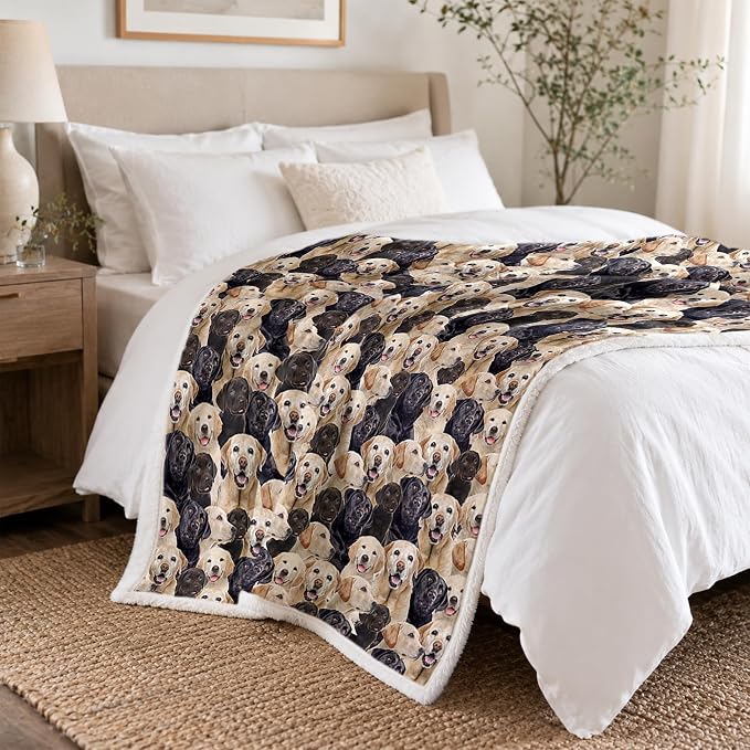 BlessLiving Throw Blanket, Dog Black Animal Puppy, 60x80 in | sherpa fleece fabric, Labrador Retriever Dense Golden Pet Blankets print, for couch or sofa, pet lovers, easy machine care