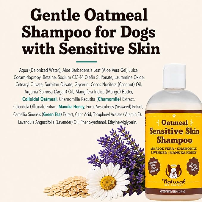 Natural Dog Company Sensitive Skin Dog Shampoo – Hypoallergenic Oatmeal Anti Itch Shampoo for Dogs, Gentle Puppy & Dog Wash with Aloe Vera, Manuka Honey & Chamomile, Odor Control, 12 oz