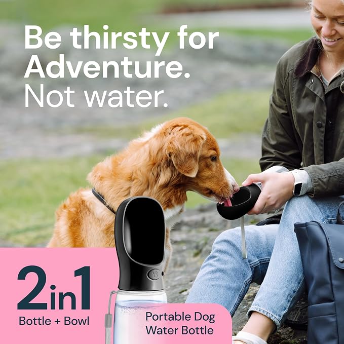 MalsiPree Dog Water Bottle Dispenser - 12 oz Black, Leak-Proof | 12oz leak-proof bottle - one-hand use - built-in bowl - Use for dog walks, travel, hiking & beach days