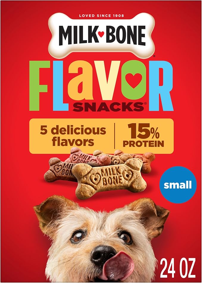 Milk-Bone Flavor Snacks Small Dog Biscuits, Flavored Crunchy Dog Treats, 24 Oz. Box | 5 flavors per box (beef, chicken, turkey, bacon & sausage flavors with other natural flavors), made with 15% protein