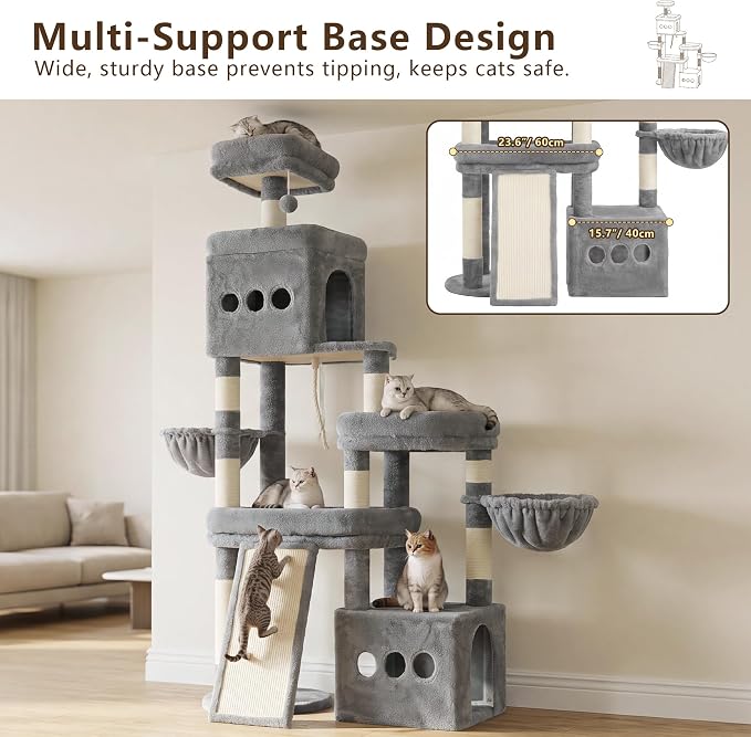 Heybly Cat Tree 72.4-Inch Anti-Tip Cat Tower with Spacious Perches HCT060W | All-in-One Cat Furniture for Large Cats, Multiple Interactive Areas, Extra-Large Sisal Scratching Board, Light Gray