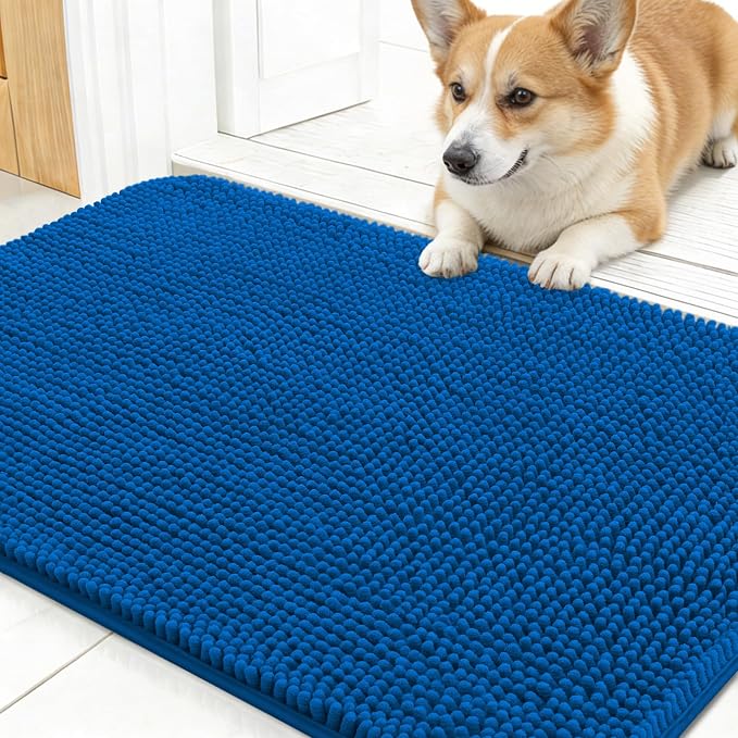 OLANLY Dog Door Mat for Muddy Paws 24x16, Super Absorbent Chenille Mud Mat | Deep Navy Blue, Absorbs Moisture and Dirt, Non-Slip Machine Washable Doormat, Quick-Dry Indoor Entryway Floor Carpet for Dogs
