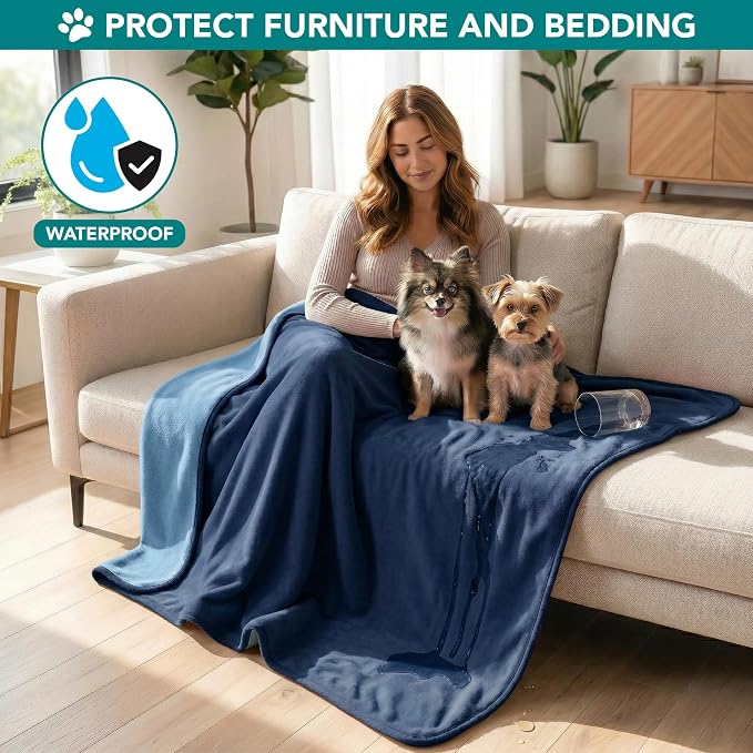 PetAmi Waterproof Dog Blanket for Small Medium Dogs Cats, Pee Proof Reversible Cat Blanket for Kitten Puppy, Soft Fleece Washable Pet Throw for Couch Car Crate Liner, 29x40 Navy Blue