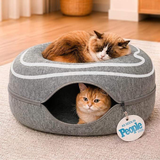 Peekaboo Cat Cave Donut - Cat Tunnel Bed for Indoor Cats – Cute Patterns Hideaway for Multiple & Large Cats, Scratch-Resistant (Dark Gray)