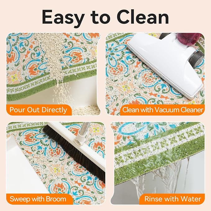 Cat Litter Mat, 24"x15" High Density PVC Litter Trapping Mat, Non-Slip, Waterproof & Urine-Proof Litters Catcher Mats, Keep Floor Clean, Soft on Kitten Paws, Cat Essentials Bean Green