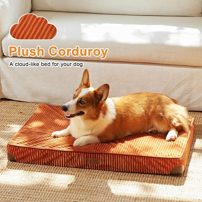 FUKUMARU Large Dog Bed, Thickened Waterproof Dog Mat with Washable Cover | Corduroy Orthopedic Dog Bed for Crate, 28D Egg Crate Foam Support Pet Mat, Cozy Flat Dog Pad with Anti-Slip Bottom