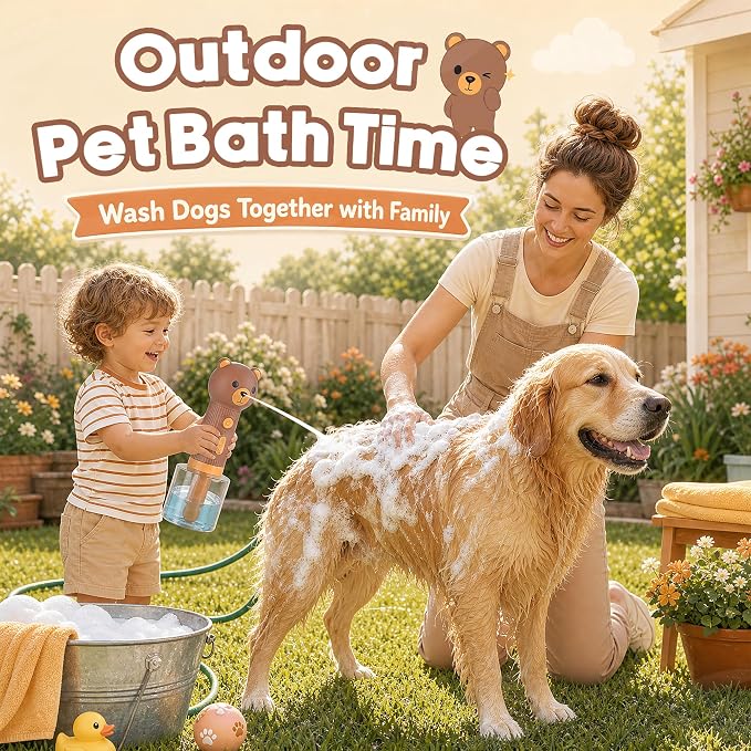 Dog Foam Maker, Rechargeable Pet Bath Foam Dispenser Cartoon Bear 400ml Soap Sprayer with 1200mAh Battery, IPX7 Waterproof Dog Shampoo Frother for Gentle Cleaning, Multi-Use for Home & Outdoor, Brown