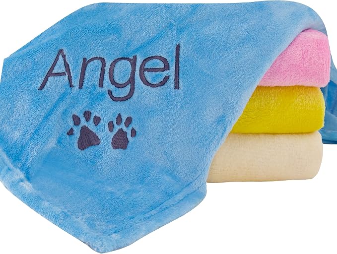 Personalized Passion Dog Blanket with Embroidered Name & Paws - Soft, Comfortable and Cozy for Bed, Couch, Car - Water Resistant Pet Fleece Blanket for Dogs and Cats - Blue - 28"x40"