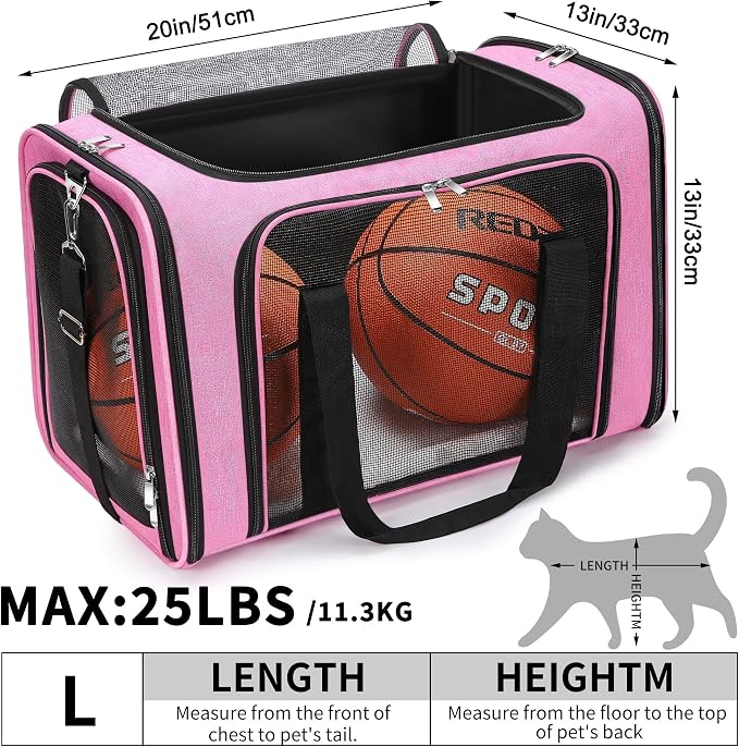 Soft-Sided Cat/Dog/Pet Carrier, Collapsible Pets Travel Carriers for Big Cats/Small Dogs with Shoulder Strap & Removable Mat, Mesh Puppy Carry Bag, Up to 25 Lbs (Pink)