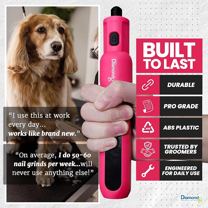 Diamondg Micro Dog Nail Grinder - Quiet Sound with LED Light, Pink | 5-Speed Rechargeable Pet Nail Trimmer for Small & Large Dogs, LCD Display, USB-C Charging, 4hrs. Runtime Rotary Tool