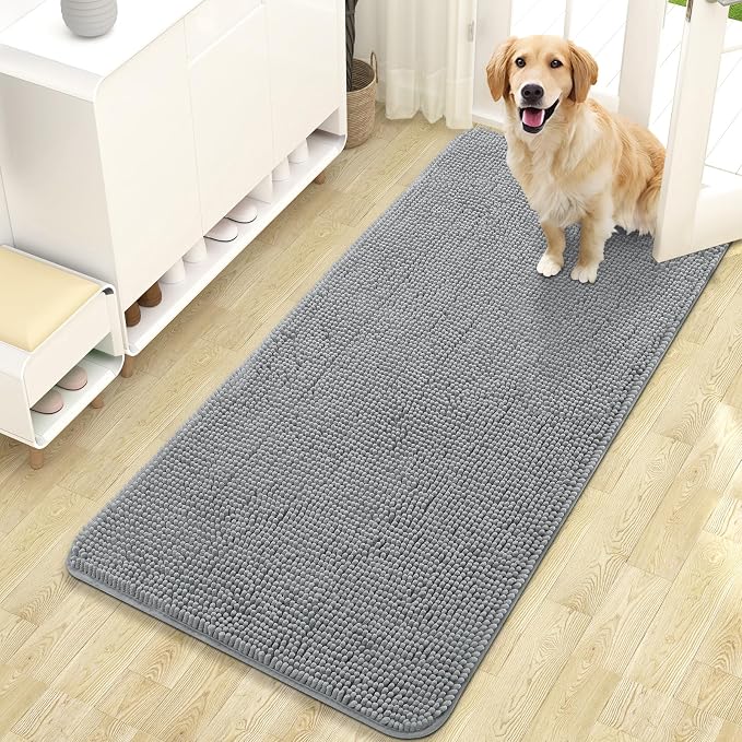 OLANLY Dog Door Mat for Muddy Paws 47x24, Super Absorbent Chenille Mud Mat | Grey, Absorbs Moisture and Dirt, Non-Slip Machine Washable Doormat, Quick-Drying Indoor Entryway Floor Carpet for Dogs