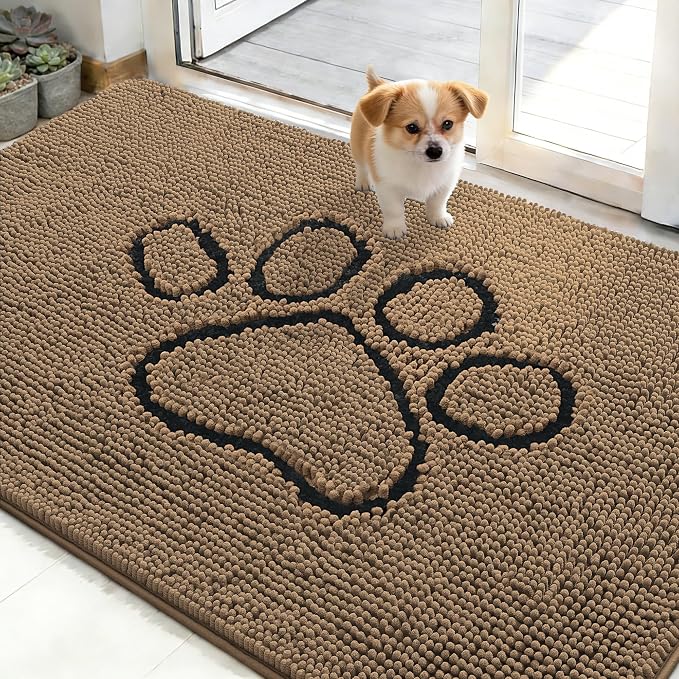 OLANLY Dog Door Mat for Muddy Paws 48x30, Paw Print Design Chenille Mud Mat | Tan, Super Absorbent, Traps Moisture and Dirt, Non-Slip Washable Doormat, Quick-Drying Indoor Entryway Floor Carpet for Dogs