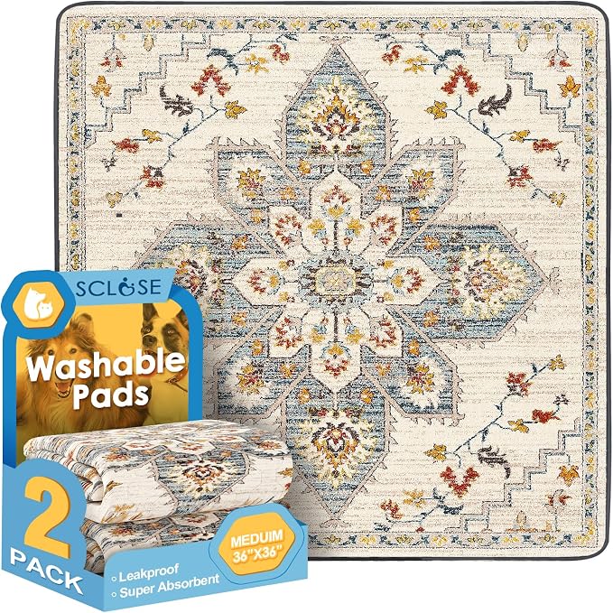 SCLOSE Washable Pee Pad for Dogs 2 Pack, 36" x 36" Reusable Puppy Pads Waterproof Dog Rugs, Super Absorbent, Leakproof, Dog Crate Pad, Playpen Mat, Whelping Pads, White Medallion