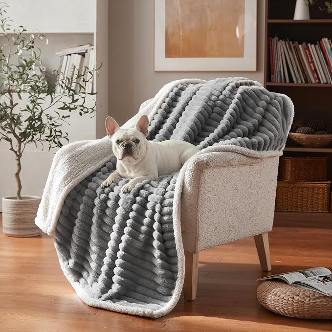 Waterproof Dog Blanket for Large Dogs, Soft Corduroy Fleece Pet Blanket Washable, Double Sided Cat Blankets for Furniture Protection, Reversible Cozy Calming Couch Blanket, 40"x50", Grey