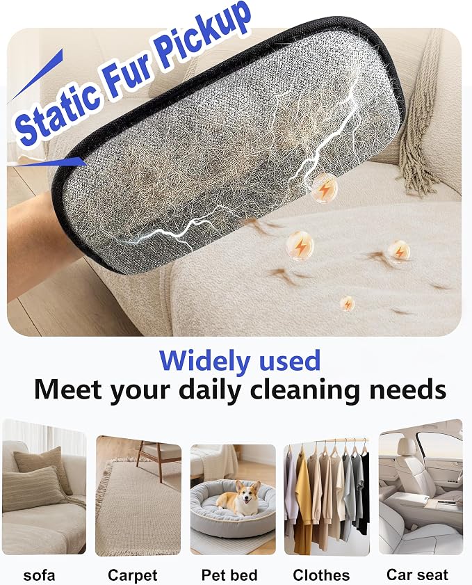 Pet Hair Remover for Furniture, 2-in-1 Pet Hair Removal Glove for Cats Dogs | 5-Finger Design Reusable & Detachable Electrostatic Magic Brush Pet Hair Remover Tools for Carpet, Couch, Car Seat