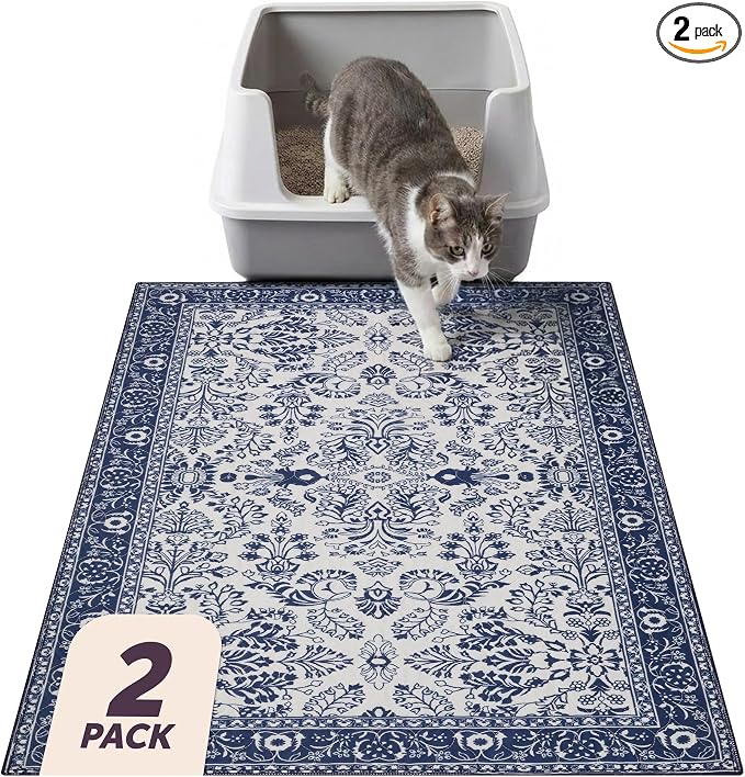Lovewag Cat Litter Mat, Litter Box Mat, Indigo Garden, 36x48, 2 Pack | Washable litter mat cover, kitty litter mat & cat mat for litter box, litter trapping mat, prevents tracking, multi-cat