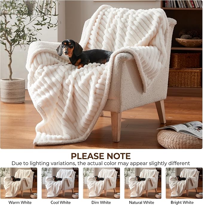 Waterproof Dog Blanket for Large Dogs, Soft Corduroy Fleece Pet Blanket Washable, Double Sided Cat Blankets for Furniture Protection, Reversible Cozy Calming Couch Blanket, 50"x60", Cream
