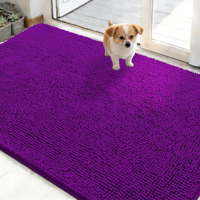 OLANLY Dog Door Mat for Muddy Paws 48x30, Super Absorbent Chenille Mud Mat | Purple, Absorbs Moisture and Dirt, Non-Slip Machine Washable Doormat, Quick-Drying Indoor Entryway Floor Carpet for Dogs