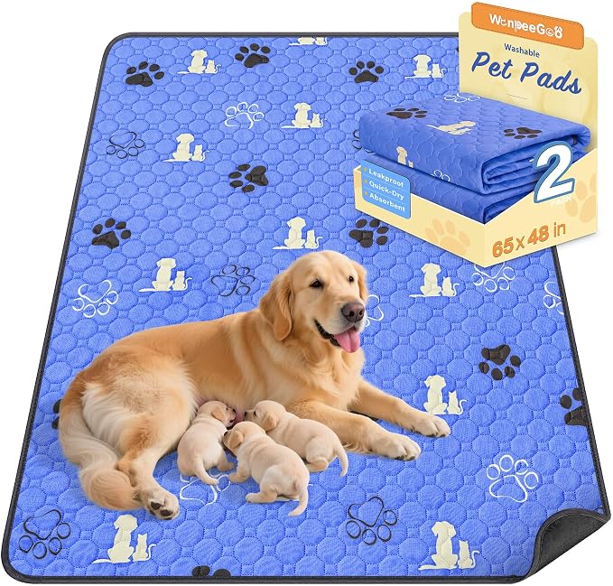 WanpeeGoo Washable Pee Pads for Dogs, Waterproof, 65 x 48 in, 1 Pack, Blue | Super Absorbent, Waterproof and Non-Slip; Washable, Reusable Dog Pads for Crates, Playpens, Floors, Furniture and Travel