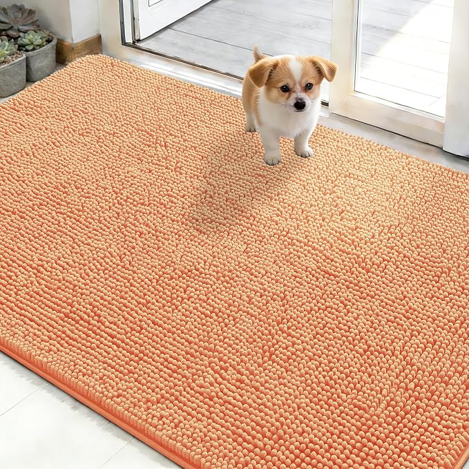 OLANLY Dog Door Mat for Muddy Paws 48x30, Super Absorbent Chenille Mud Mat | Orange, Absorbs Moisture and Dirt, Non-Slip Machine Washable Doormat, Quick-Drying Indoor Entryway Floor Carpet for Dogs