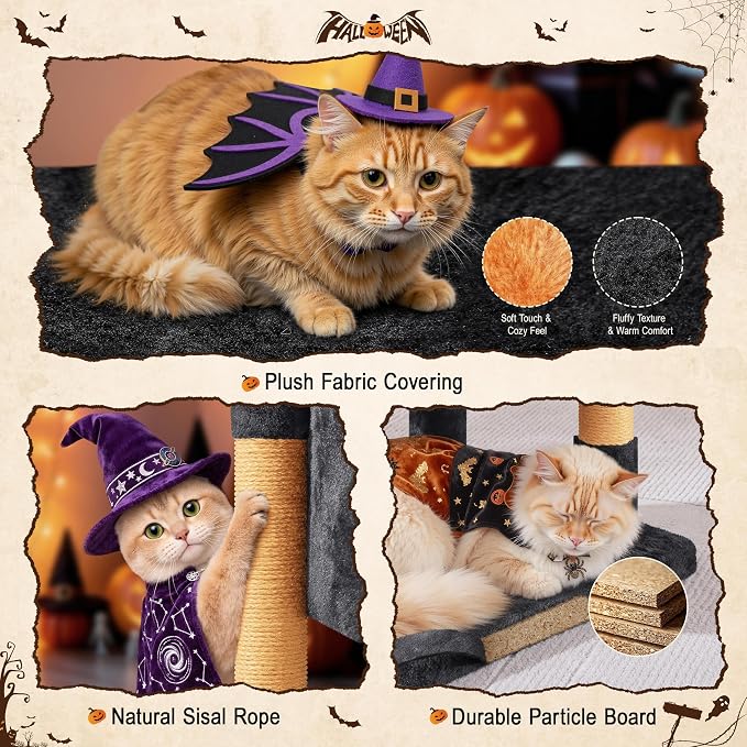 Yaheetech Halloween Cat Tree, Black/Pumpkin Orange Small Cat Tower | Fits small rooms, gothic cute cat bed, wide perch for lounge and scratch, assembles fast with included tools, halloween decor