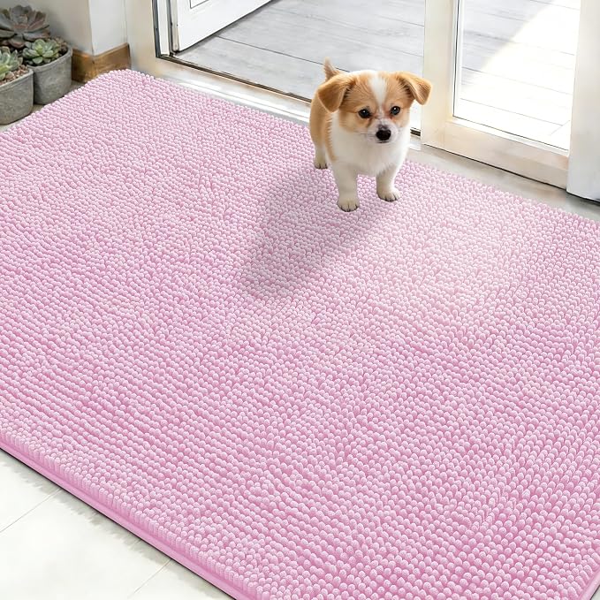 OLANLY Dog Door Mat for Muddy Paws 48x30, Super Absorbent Chenille Mud Mat | Pink, Absorbs Moisture and Dirt, Non-Slip Machine Washable Doormat, Quick-Drying Indoor Entryway Floor Carpet for Dogs