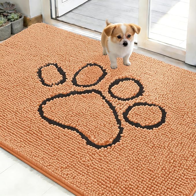 OLANLY Dog Door Mat for Muddy Paws 48x30, Paw Print Design Chenille Mud Mat | Orange, Absorbent, Traps Moisture and Dirt, Non-Slip Washable Doormat, Quick-Drying Indoor Entryway Floor Carpet for Dogs