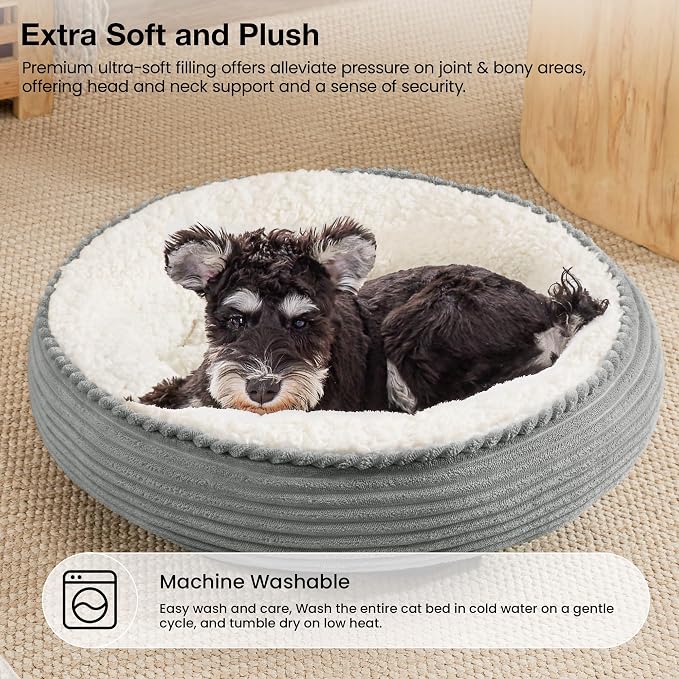 Love's cabin Round Donut Cat and Dog Cushion Bed, 24in Pet Bed for Small or Medium Dogs, Anti-Slip & Water-Resistant Bottom, Soft Durable Fabric Pet Beds, Washable Calming Cat Bed Light Grey