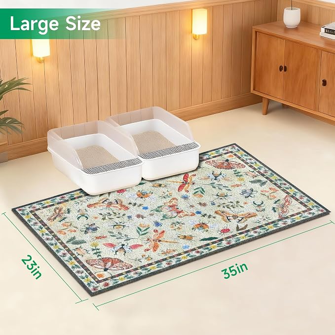 Cat Litter Mat, 35" x 23" Litter Mat, Traps 100% Cat Litter, Non-Slip Litter Box Trapping Mat, Cute Decor Mat, Easy Clean for Scatter Control, Waterproof Urine Protection