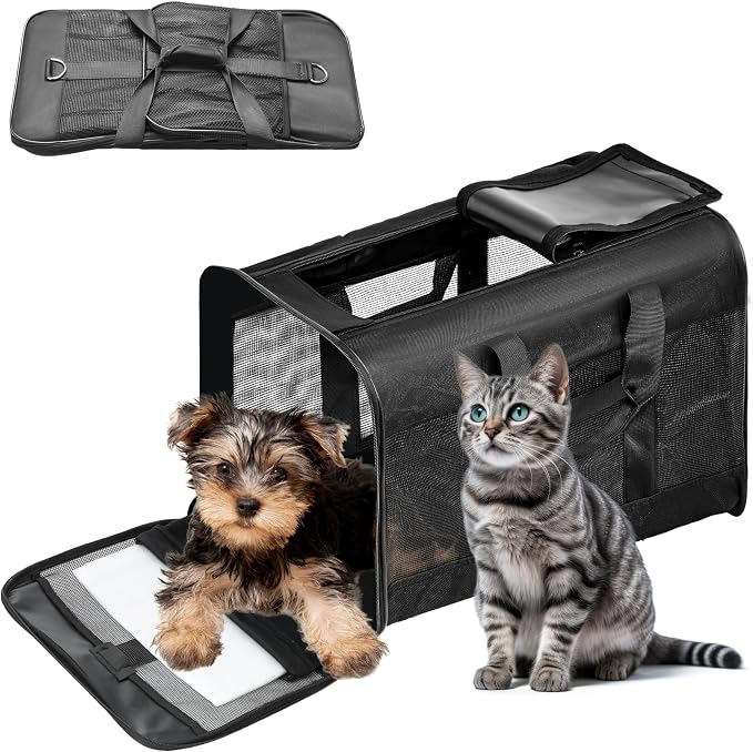 FluffyDream Pet Travel Carrier Soft Sided Portable Bag for Cats, Small Dogs, Kittens or Puppies 17 lbs Max, Collapsible, Durable, Airline Approved, Travel Friendly (Medium)