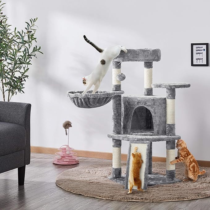 Topeakmart 42in Cat Tree Tower for Indoor Cats, Cat Condo with Perch & Hammock, Activity Center, Multi-Level Cat Furniture with Scratching Posts, Cat House, Light Gray