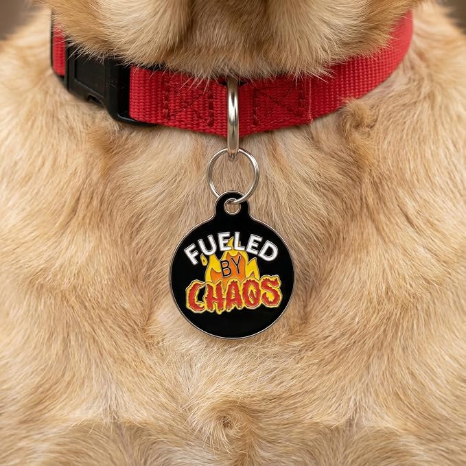 Bad Tags Personalized Dog and Cat ID Tags in 25+ Designs and 2 Sizes - 5 Lines of Custom Engraved Text - Funny Cute Personalized Pet Tags (Fueled by Chaos, Small (1 inch))