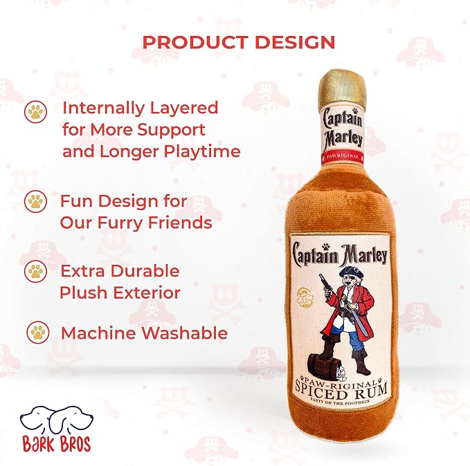 Bark Bros - Liquor Bottle Dog Toy - Plush Squeaky Dog Toys Funny Drink Parody - Alcohol Dog Toy - Dog Birthday Toy - Cute Dog Toys - Puppy Gifts - Puppy Stuff - Dog Stuff (Large, Captain Marley)