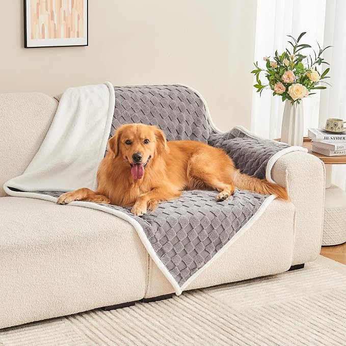 Checkered Waterproof Blanket for Bed Couch Sofa Car, Fluffy Soft Dog Blanket with 3D Jacquard Grid Pattern, Reversible Leakproof Pet Blankets for Dogs Cats Puppies, Grey, 50"x60"
