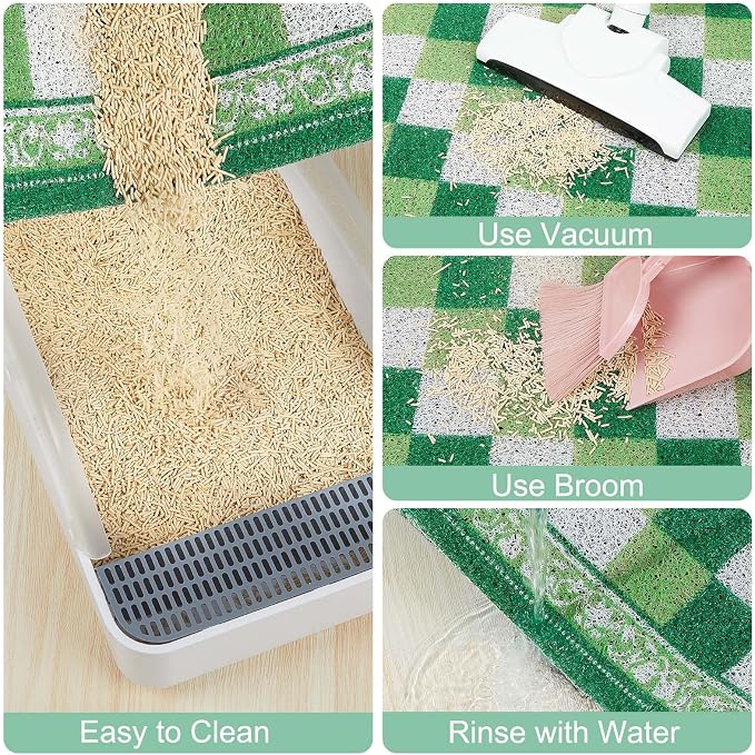 Bienbee Cat Litter Mat, 33" x 22" Waterproof Litter Box Mat Litters Rug with Non-Slip Bottom, Easy to Clean Litter Trapping Mat for Cat,Green Checkerboard L