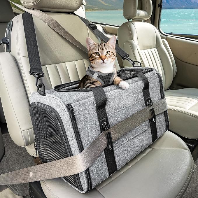 PETSFIT Soft-Sided Cat Carrier with Patented Safety Buckles, Lockable Zippers & Safety Tether,Escape-Resistant Travel Pet Carrier for Car Rides & Vet Visits, Airline Approved Under-Seat, Up to 12 lbs