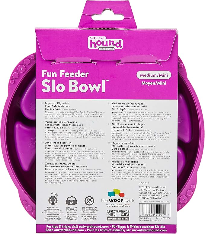 Outward Hound Fun Feeder Slo Bowl – Medium 2‑Cup Capacity,Slow Feeding,Small to Medium Dogs & Cats,Non-Slip,Purple,Flower Pattern,(Pack of 12)