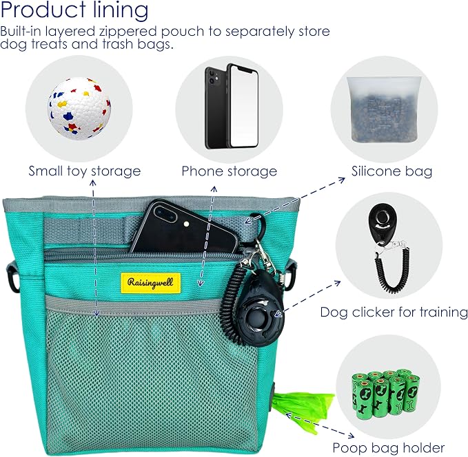 Raisingwell Dog Treat Pouch with Magnetic Closure 4-Cup Silicone Bag Fanny Pack Holder with Clicker 4 Ways to Wear Front Pocket Fits All Phones Ideal for Leash, Pet Walking and Training（Green）