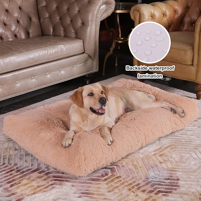 Bedfolks XXL Dogs Crate Bed, Plush Washable Faux Fur Pad, Waterproof, 47"x29", Solid Camel