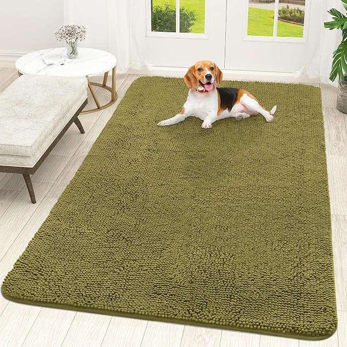OLANLY Dog Door Mat for Muddy Paws 70x46, Super Absorbent Chenille Mud Mat | Willow Green, Absorbs Moisture and Dirt, Non-Slip Machine Washable Doormat, Quick-Dry Indoor Entryway Floor Carpet for Dogs